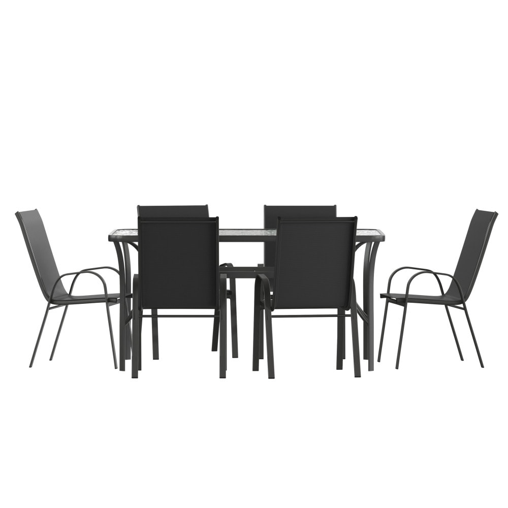 Set da pranzo per esterni commerciale da 7 pezzi con tavolo in vetro e 6 sedie