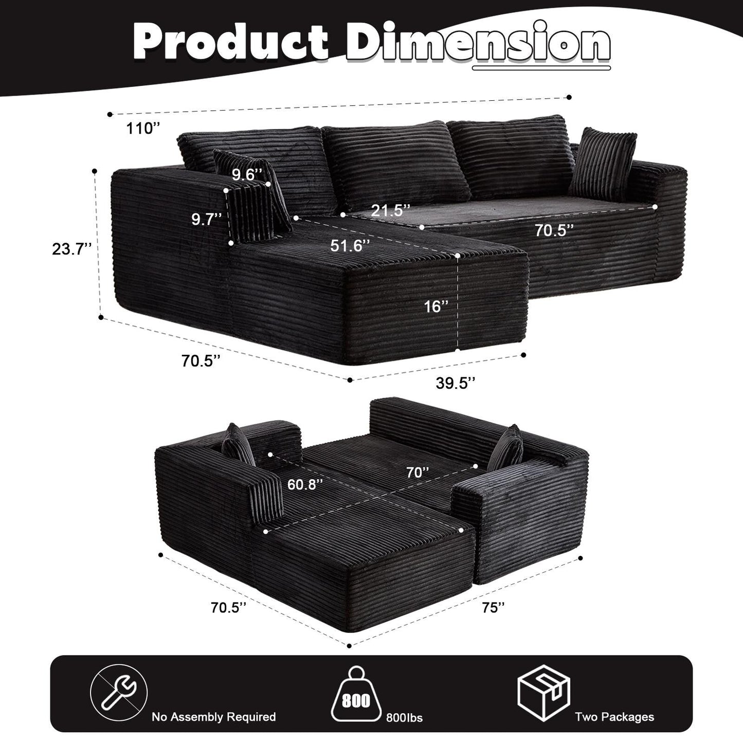 Divano componibile a compressione con chaise longue a forma di L, divano letto modulare con seduta profonda per soggiorno, camera da letto, velluto a coste