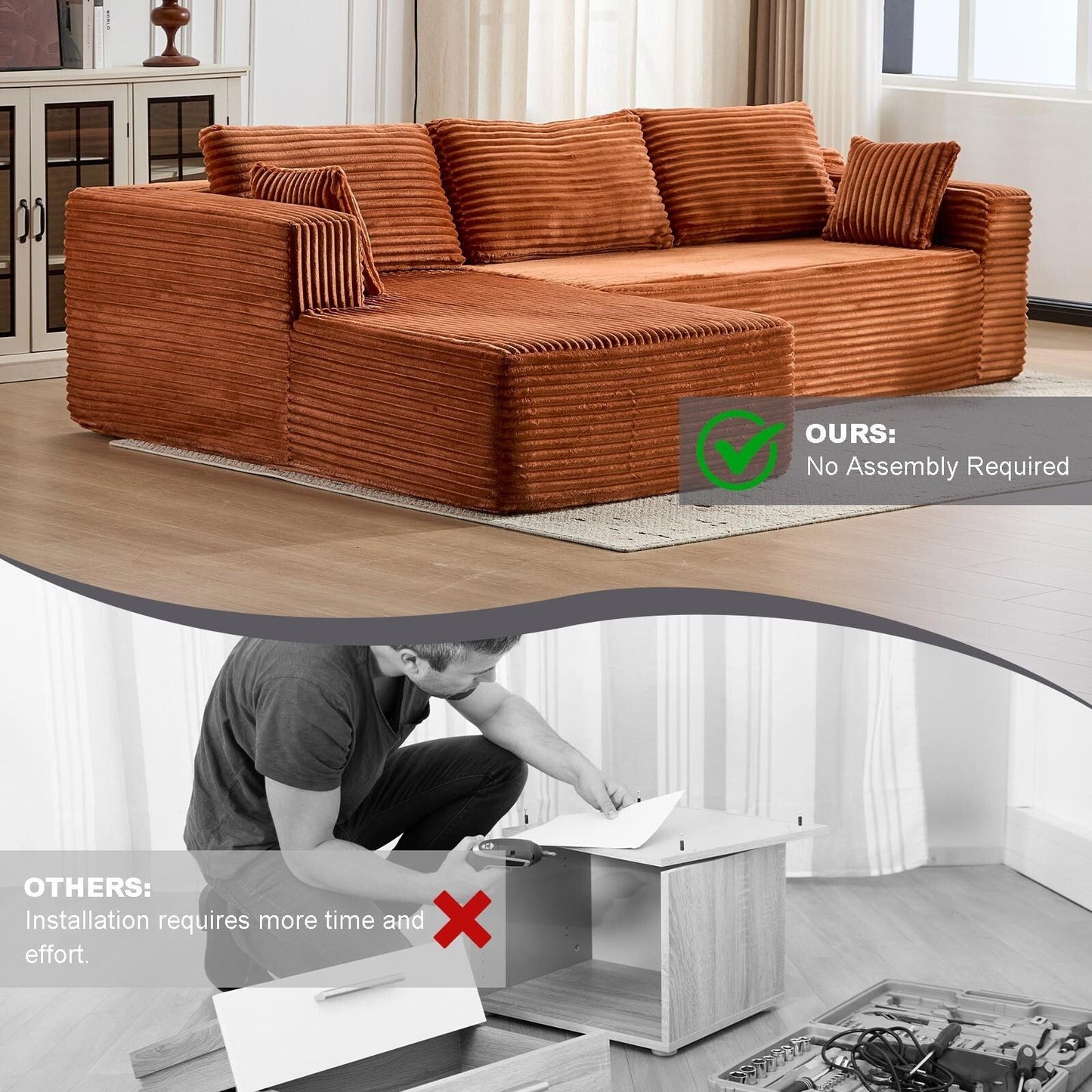 Divano componibile a compressione con chaise longue a forma di L, divano letto modulare con seduta profonda per soggiorno, camera da letto, velluto a coste