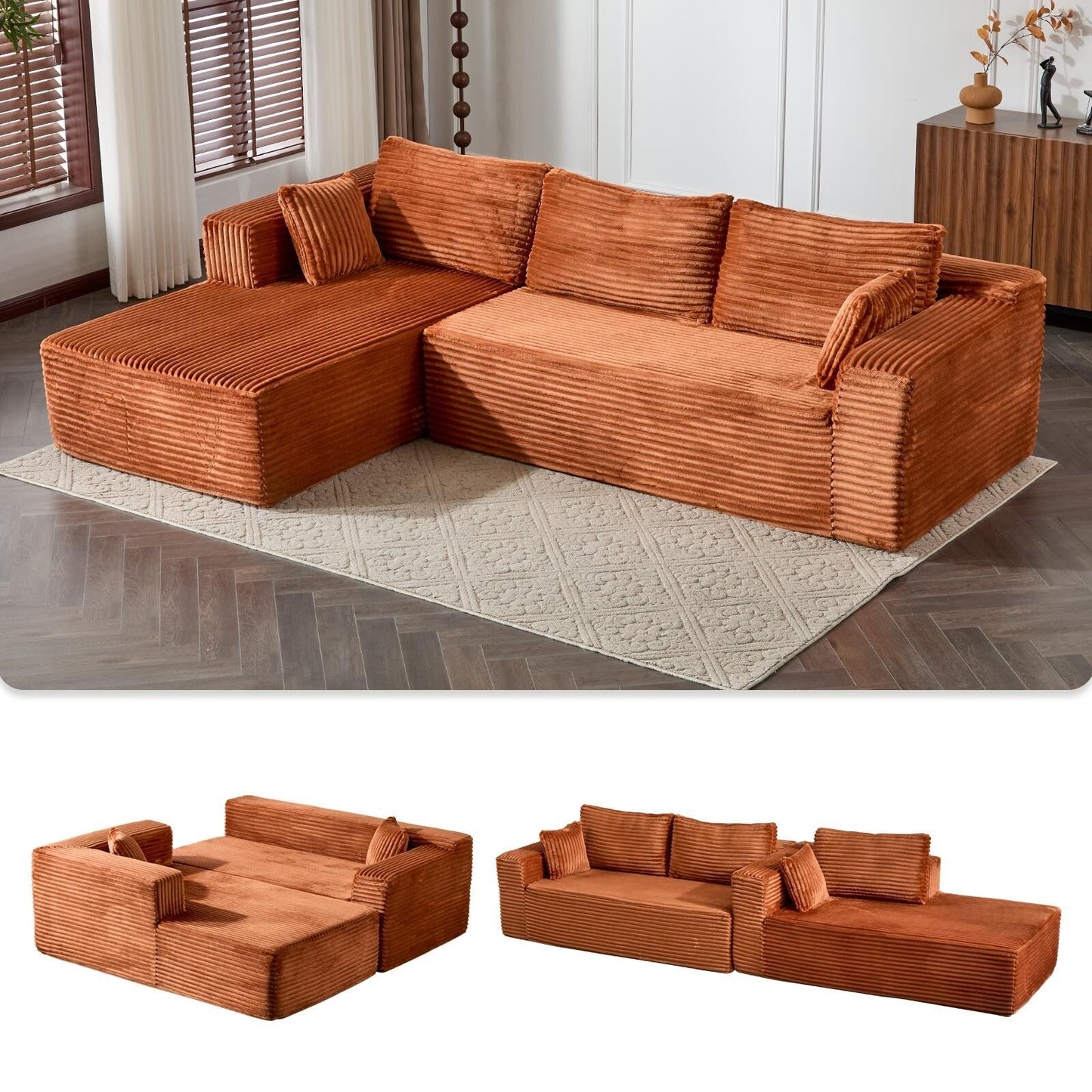 Divano componibile a compressione con chaise longue a forma di L, divano letto modulare con seduta profonda per soggiorno, camera da letto, velluto a coste