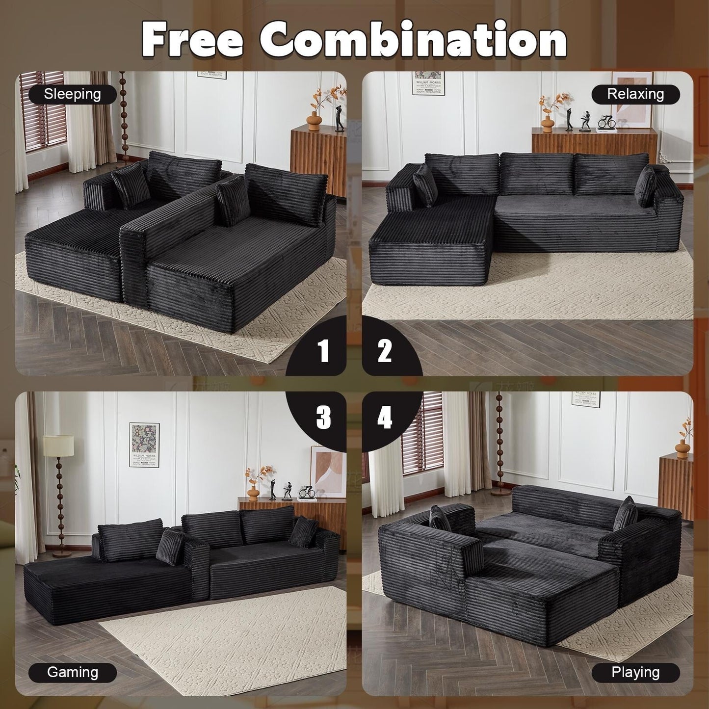 Divano componibile a compressione con chaise longue a forma di L, divano letto modulare con seduta profonda per soggiorno, camera da letto, velluto a coste