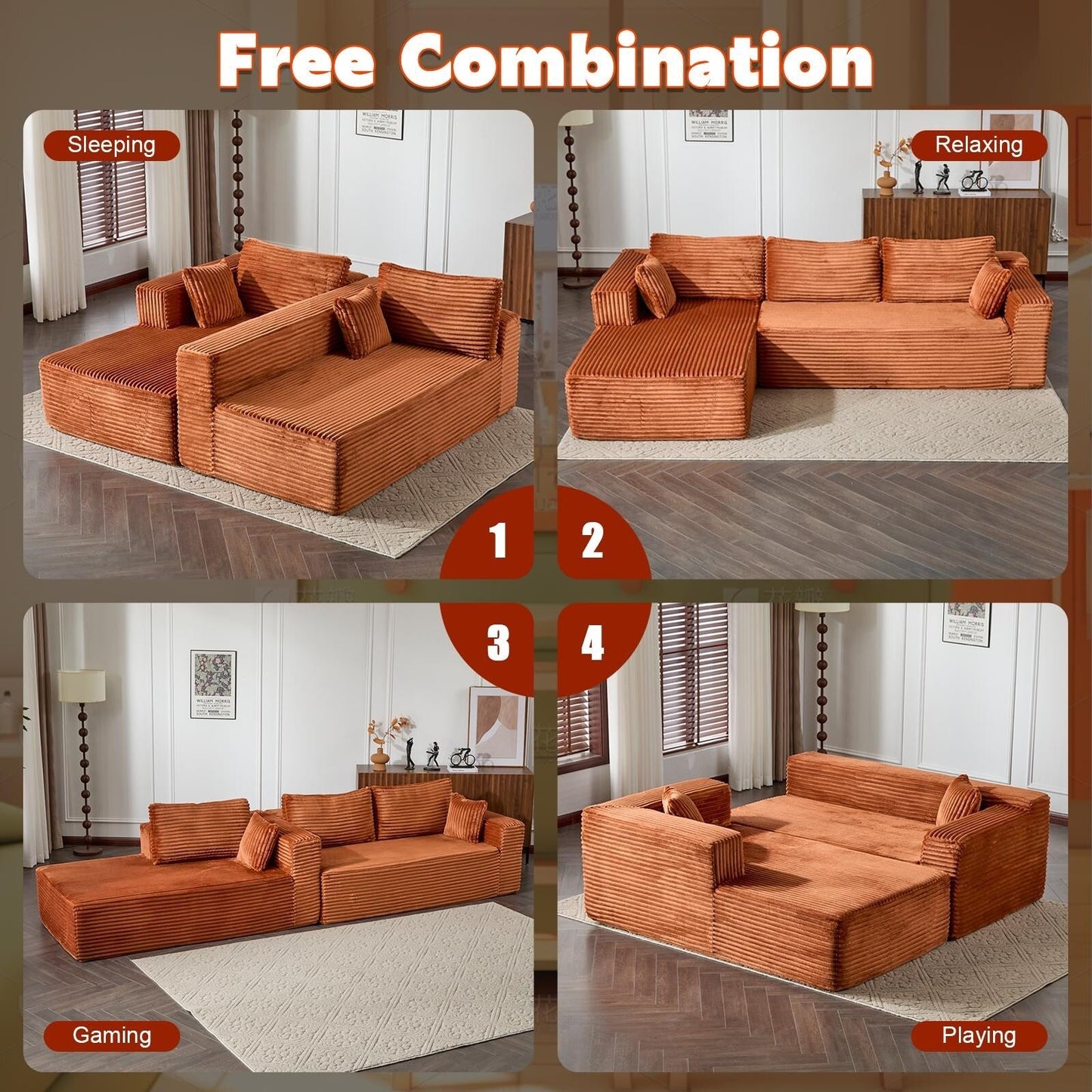 Divano componibile a compressione con chaise longue a forma di L, divano letto modulare con seduta profonda per soggiorno, camera da letto, velluto a coste