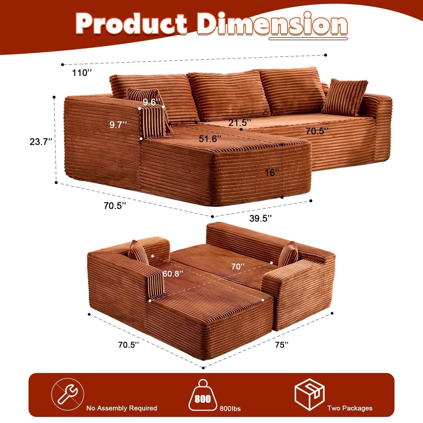 Divano componibile a compressione con chaise longue a forma di L, divano letto modulare con seduta profonda per soggiorno, camera da letto, velluto a coste