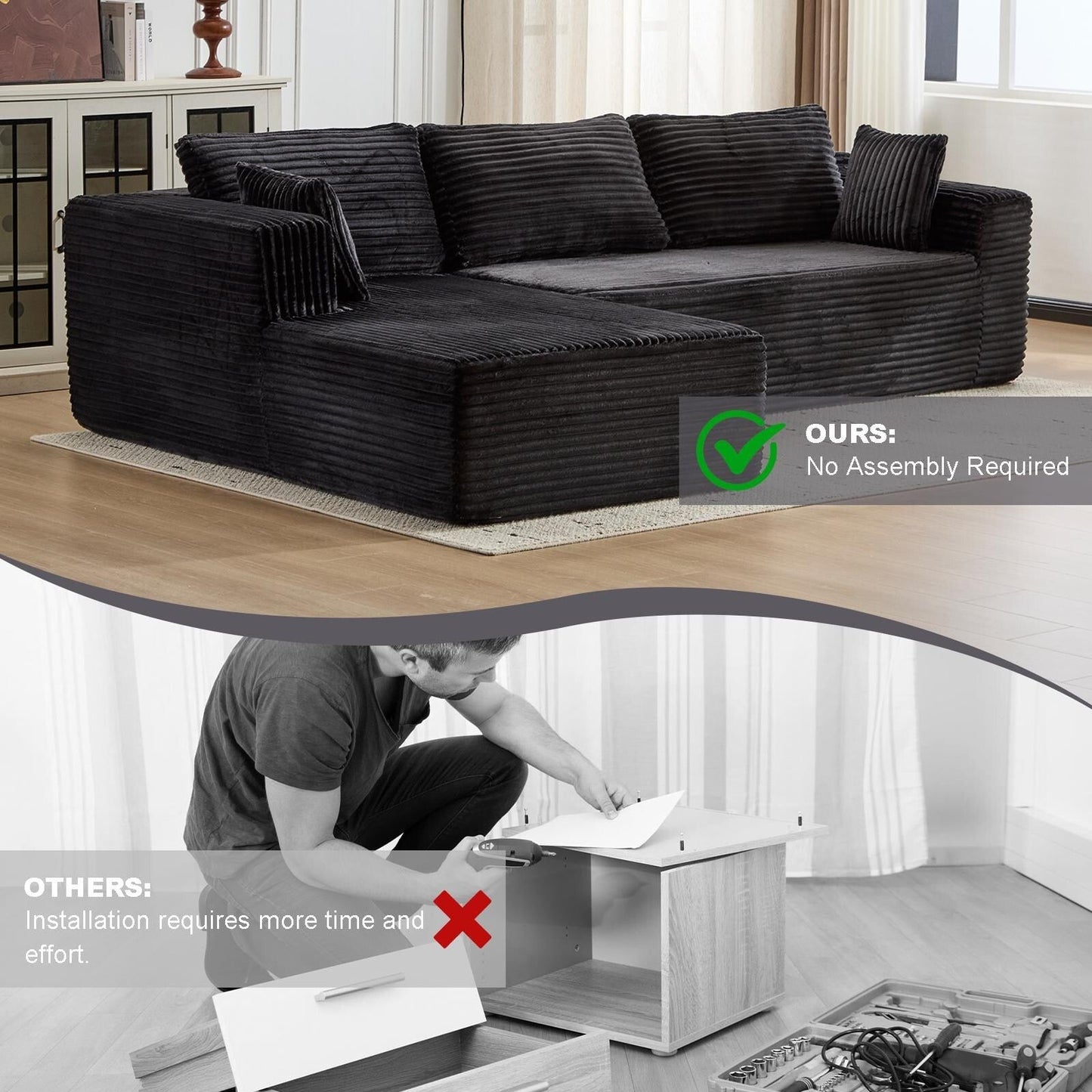 Divano componibile a compressione con chaise longue a forma di L, divano letto modulare con seduta profonda per soggiorno, camera da letto, velluto a coste