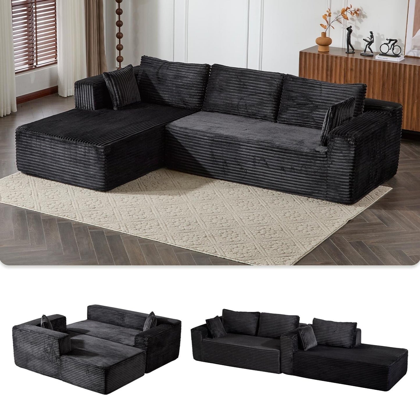 Divano componibile a compressione con chaise longue a forma di L, divano letto modulare con seduta profonda per soggiorno, camera da letto, velluto a coste