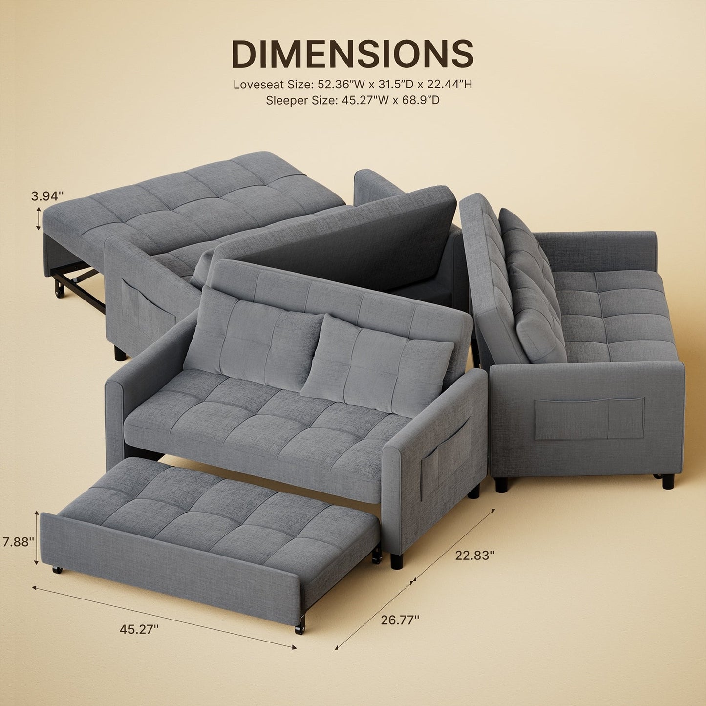 Divano letto trasformabile 3 in 1, chaise longue con letto estraibile, velluto/tessuto