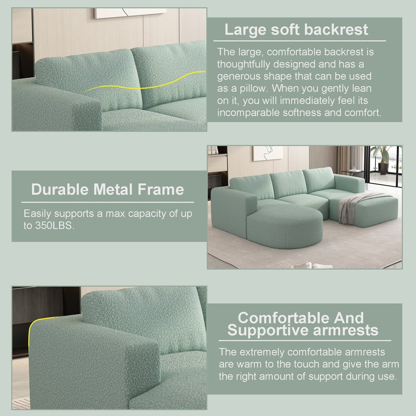 Divano componibile modulare a forma di U convertibile 104,32*70,86 con chaise longue, pouf e spugna compressa per soggiorno