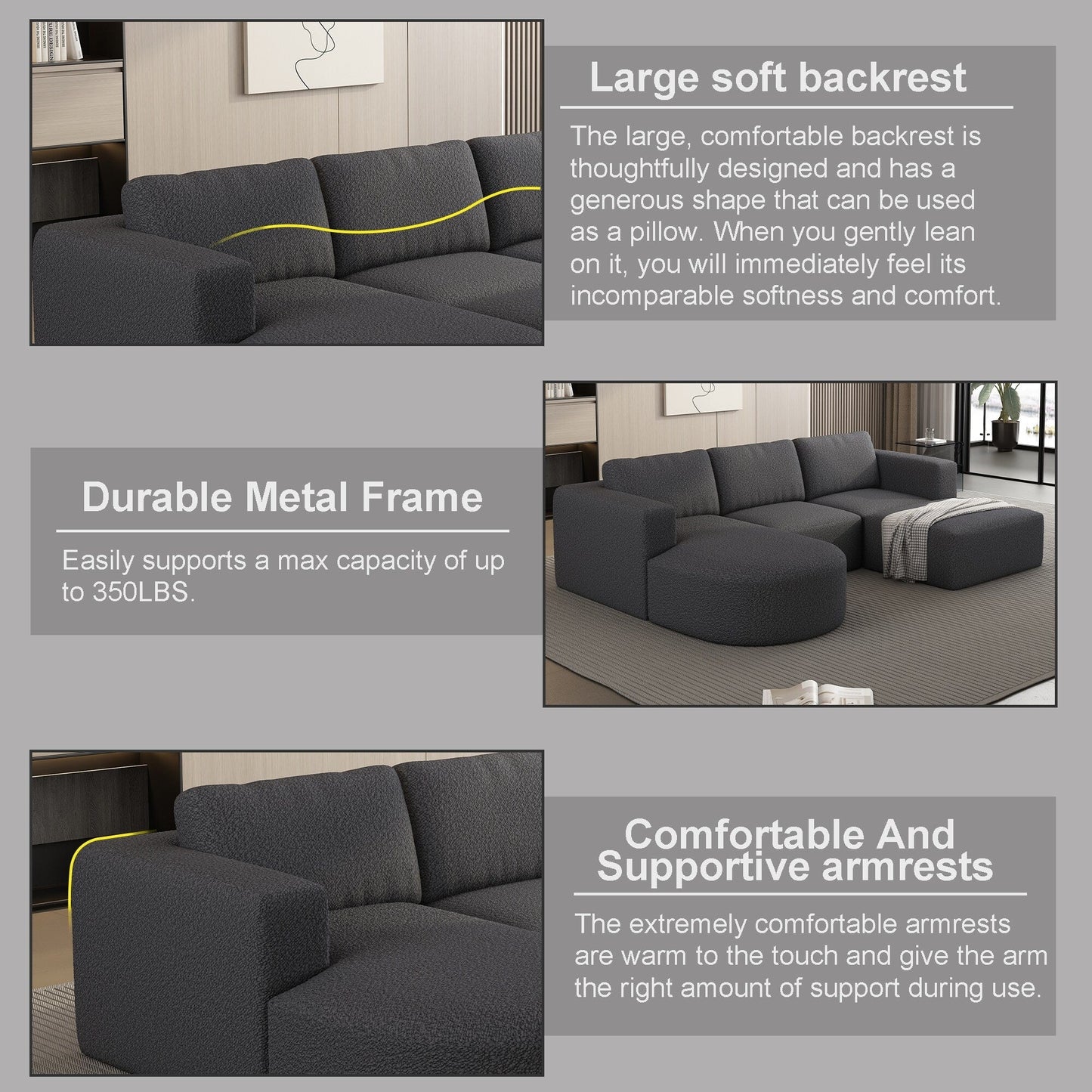 Divano componibile modulare a forma di U convertibile 104,32*70,86 con chaise longue, pouf e spugna compressa per soggiorno