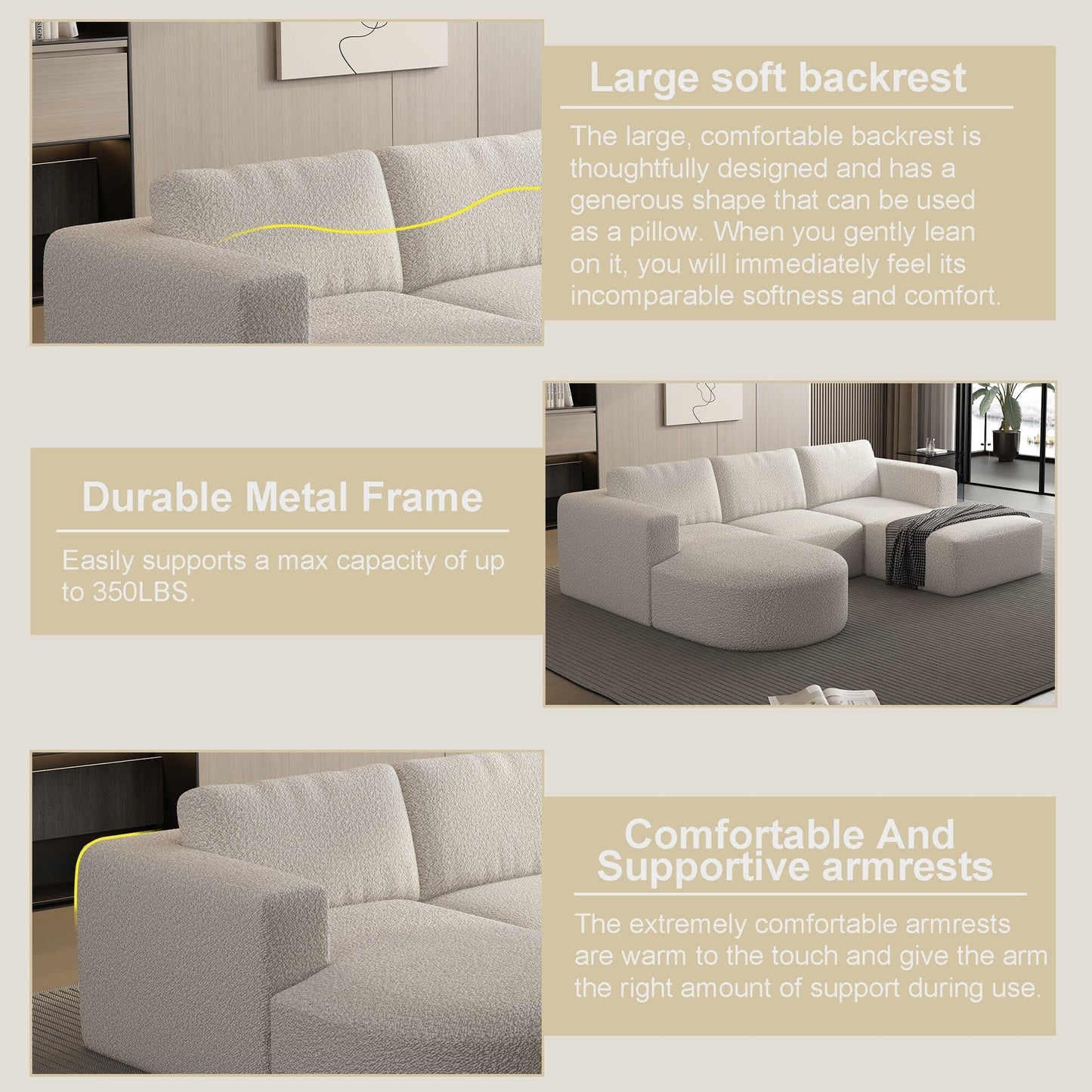 Divano componibile modulare a forma di U convertibile 104,32*70,86 con chaise longue, pouf e spugna compressa per soggiorno