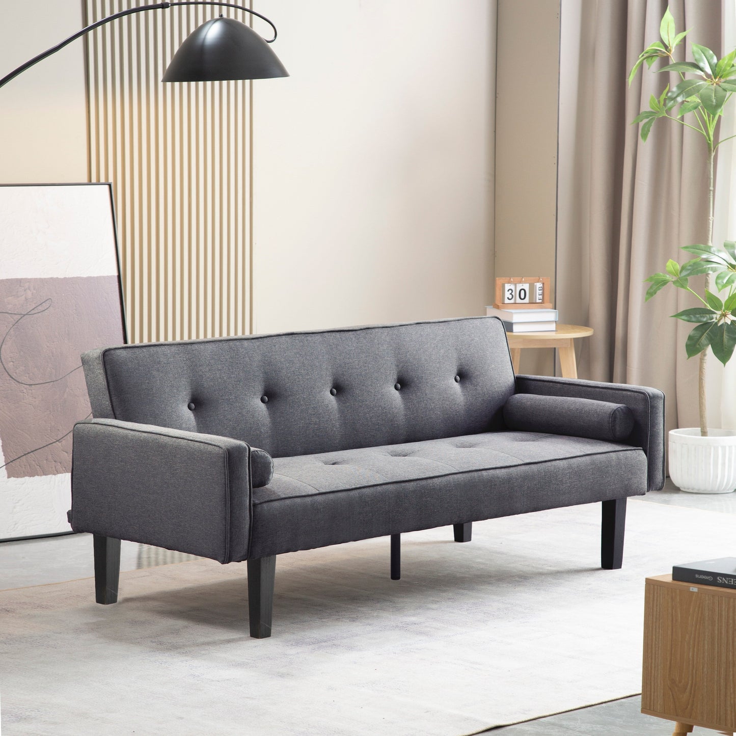 Divano letto futon trasformabile a 3 posti con gambe in legno