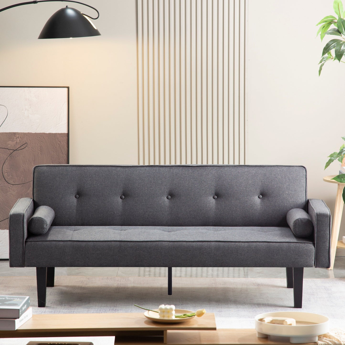 Divano letto futon trasformabile a 3 posti con gambe in legno