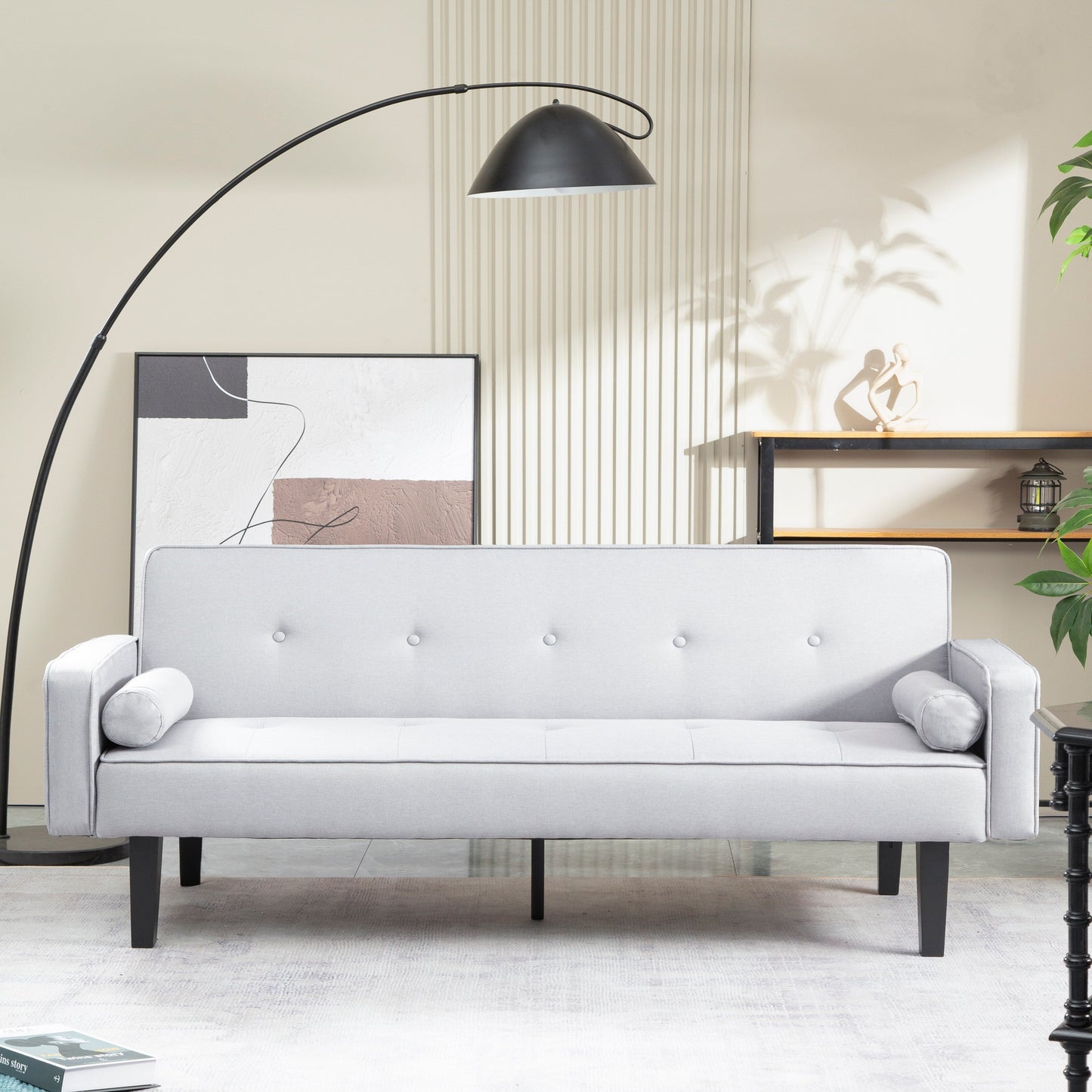 Divano letto futon trasformabile a 3 posti con gambe in legno