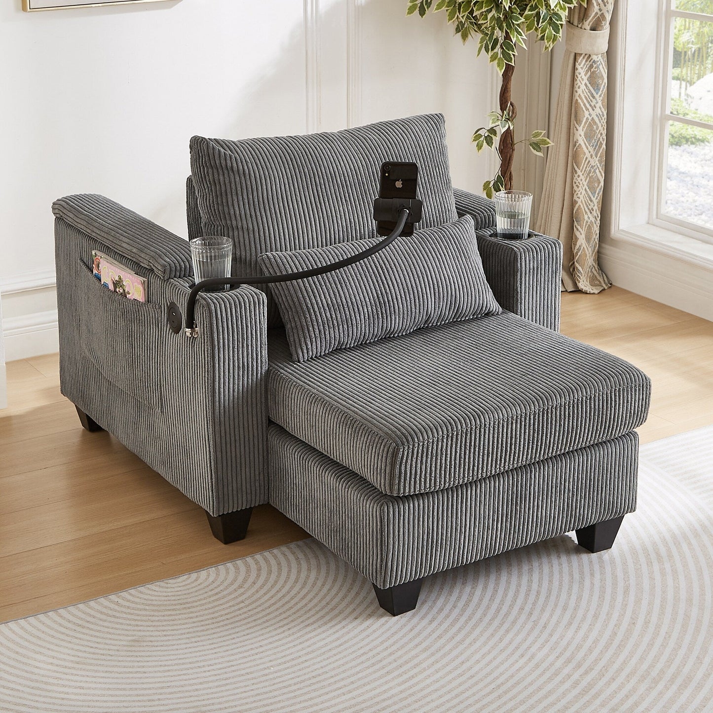 Divano letto trasformabile in chaise longue da 37,4 pollici, in velluto a coste, con porte USB e due portabicchieri.