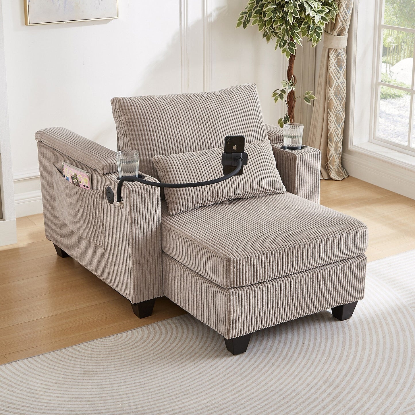 Divano letto trasformabile in chaise longue da 37,4 pollici, in velluto a coste, con porte USB e due portabicchieri.