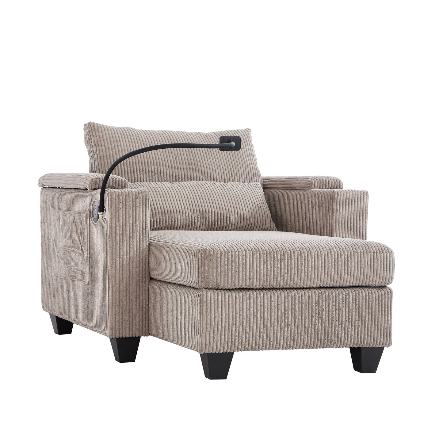 Divano letto trasformabile in chaise longue da 37,4 pollici, in velluto a coste, con porte USB e due portabicchieri.