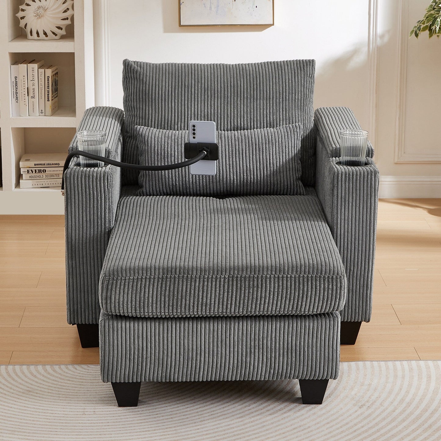 Divano letto trasformabile in chaise longue da 37,4 pollici, in velluto a coste, con porte USB e due portabicchieri.