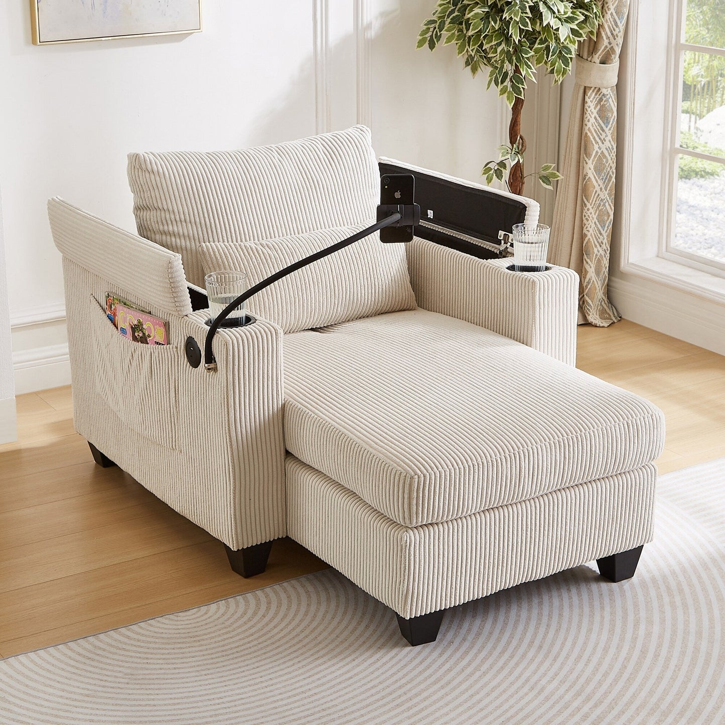 Divano letto trasformabile in chaise longue da 37,4 pollici, in velluto a coste, con porte USB e due portabicchieri.