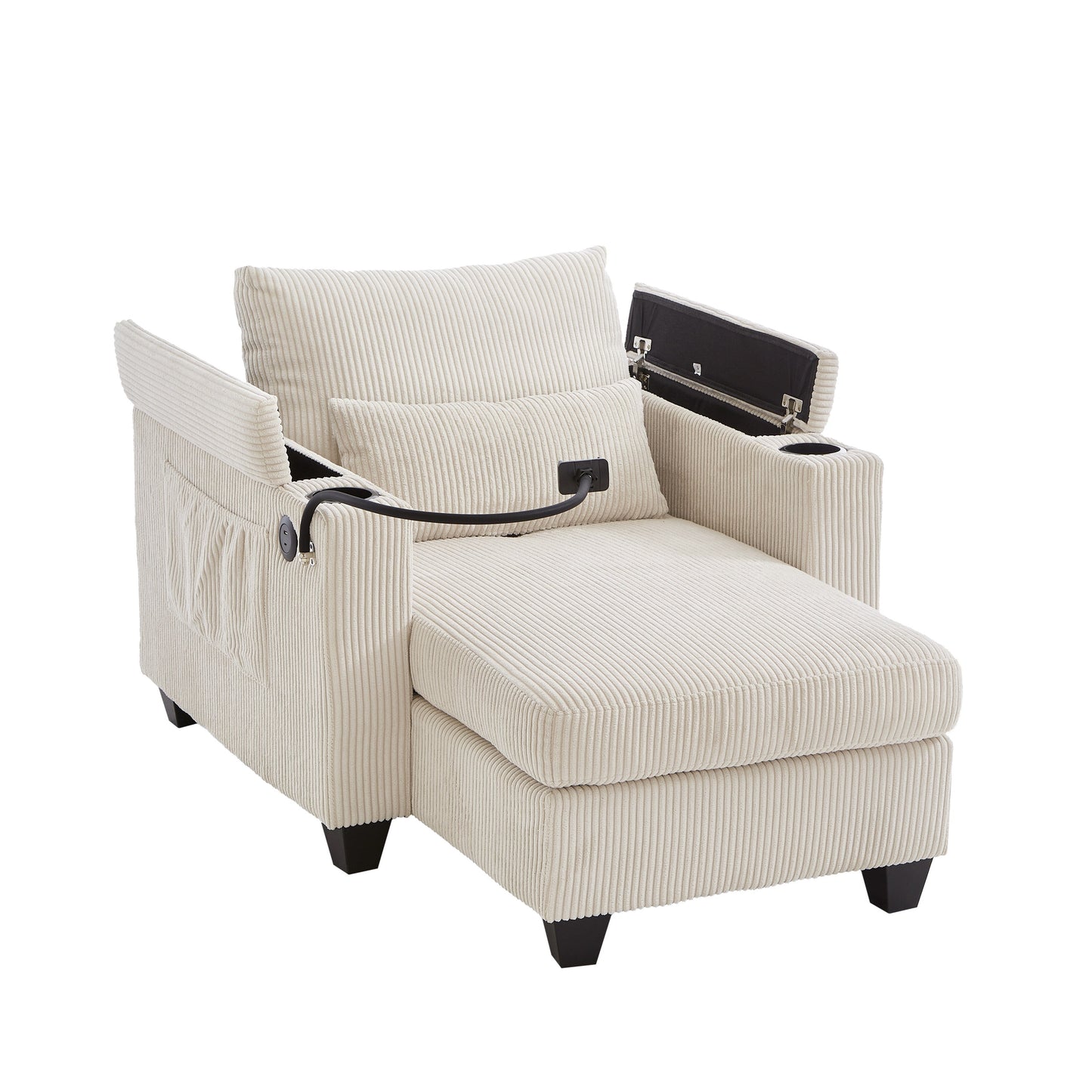 Divano letto trasformabile in chaise longue da 37,4 pollici, in velluto a coste, con porte USB e due portabicchieri.