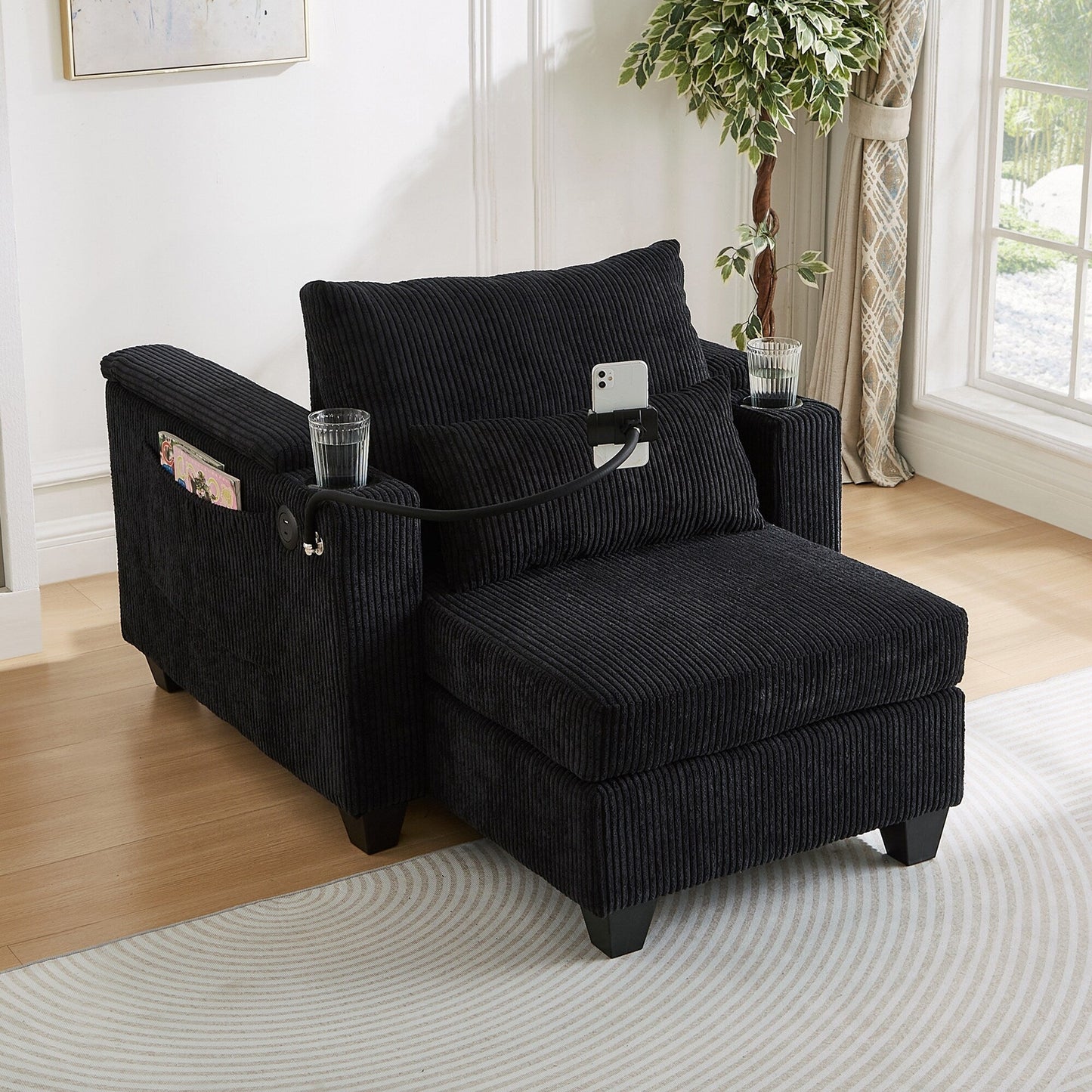Divano letto trasformabile in chaise longue da 37,4 pollici, in velluto a coste, con porte USB e due portabicchieri.