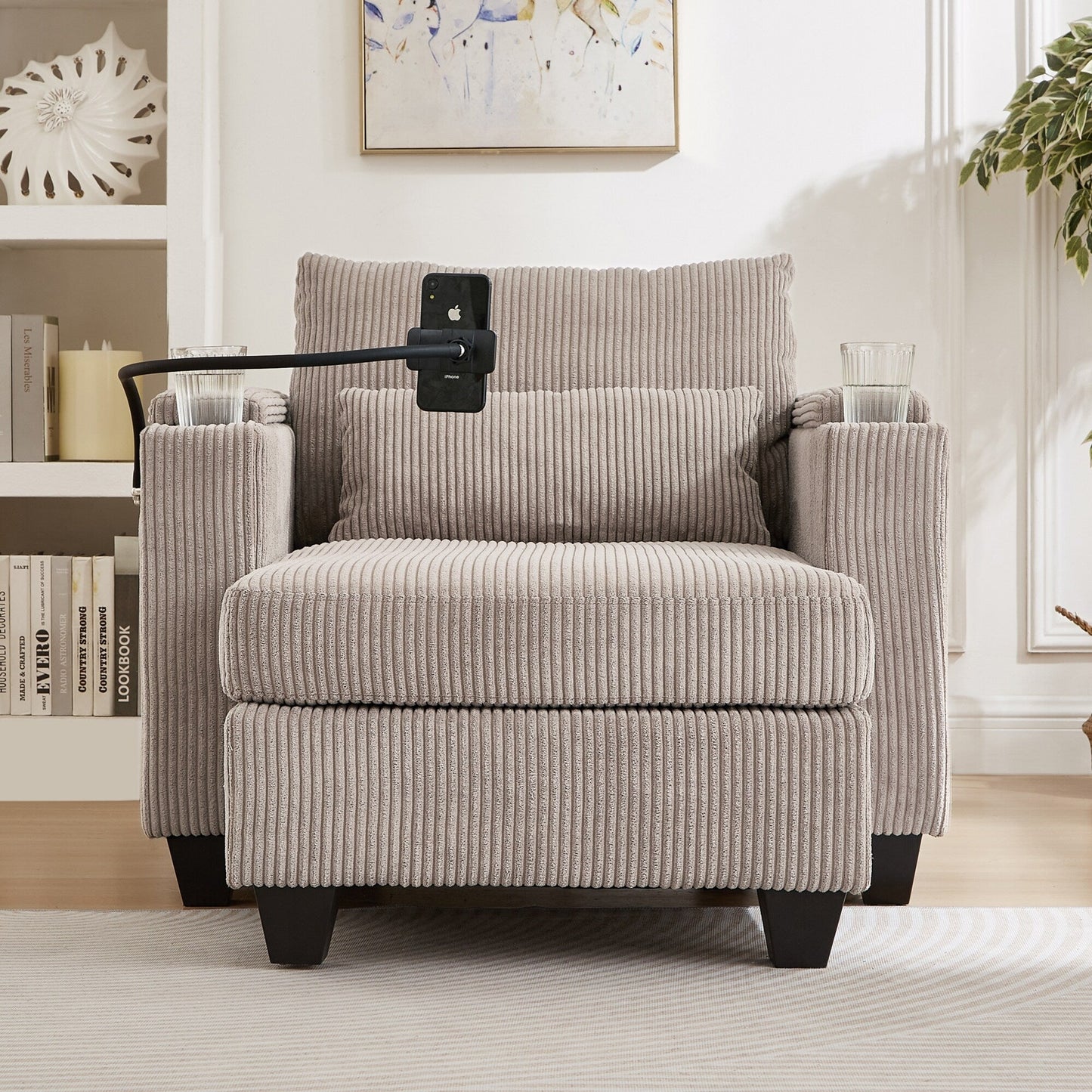 Divano letto trasformabile in chaise longue da 37,4 pollici, in velluto a coste, con porte USB e due portabicchieri.