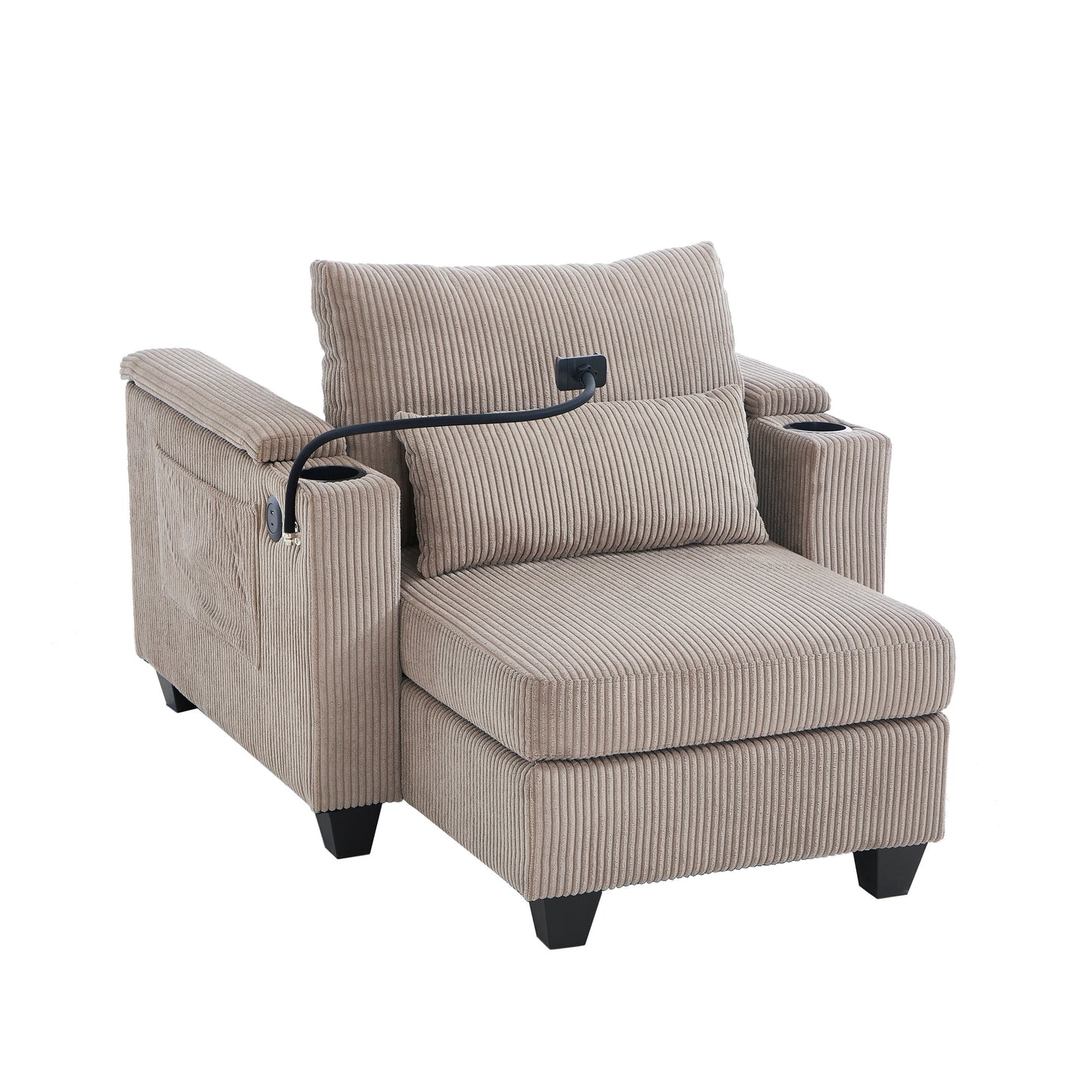 Divano letto trasformabile in chaise longue da 37,4 pollici, in velluto a coste, con porte USB e due portabicchieri.
