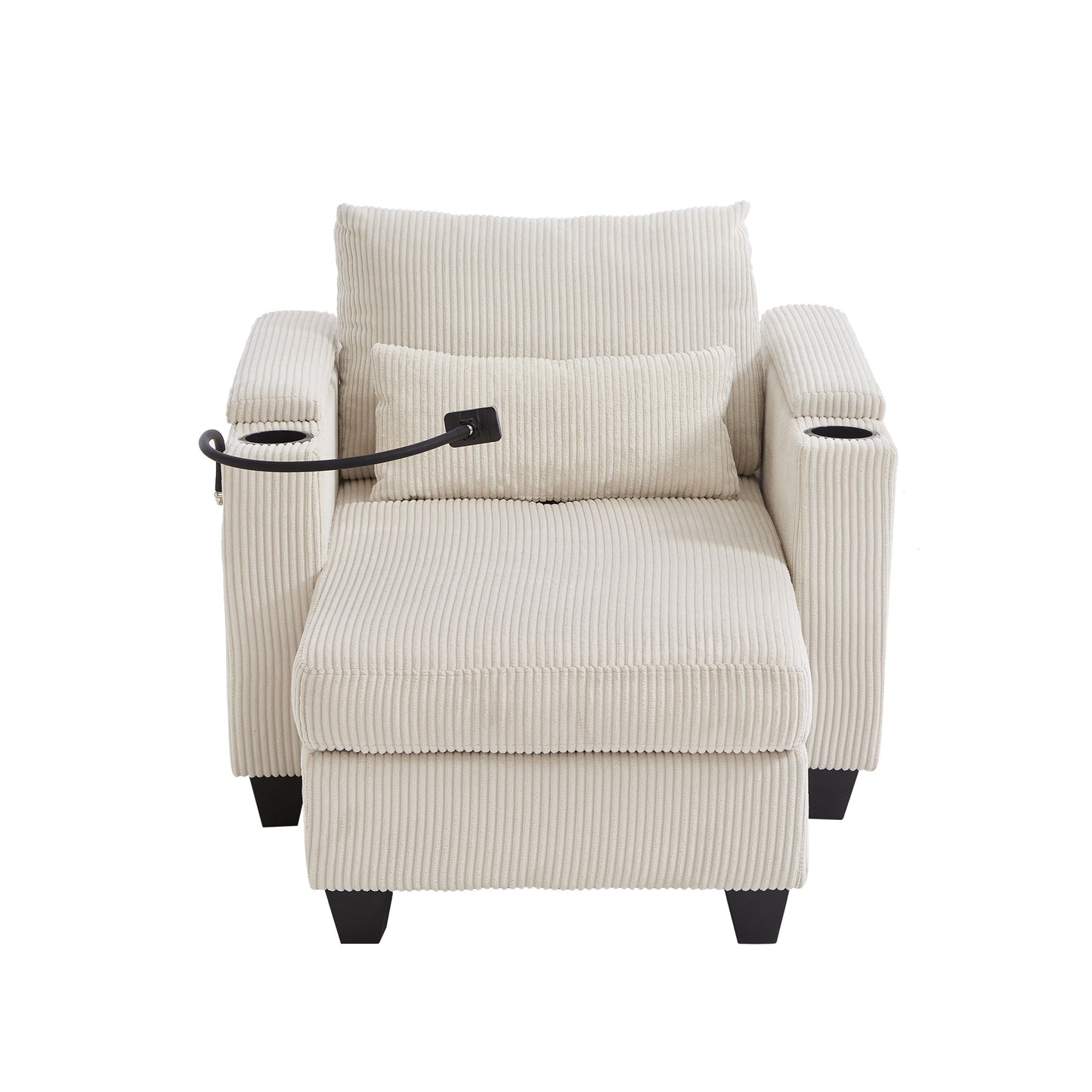 Divano letto trasformabile in chaise longue da 37,4 pollici, in velluto a coste, con porte USB e due portabicchieri.