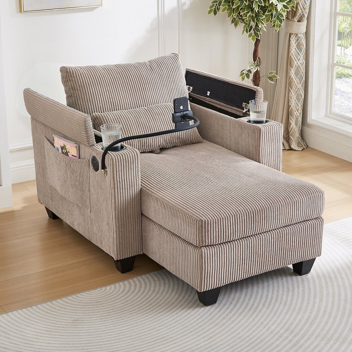 Divano letto trasformabile in chaise longue da 37,4 pollici, in velluto a coste, con porte USB e due portabicchieri.