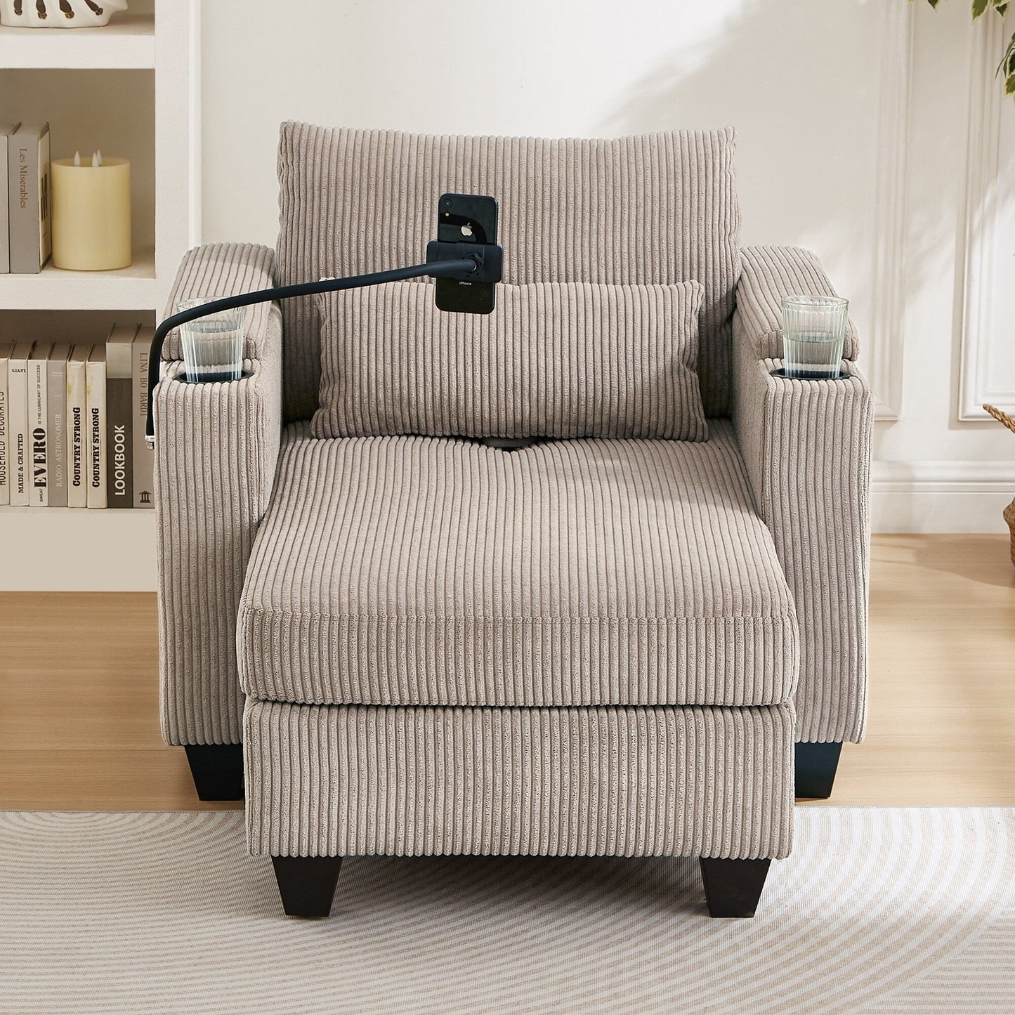 Divano letto trasformabile in chaise longue da 37,4 pollici, in velluto a coste, con porte USB e due portabicchieri.