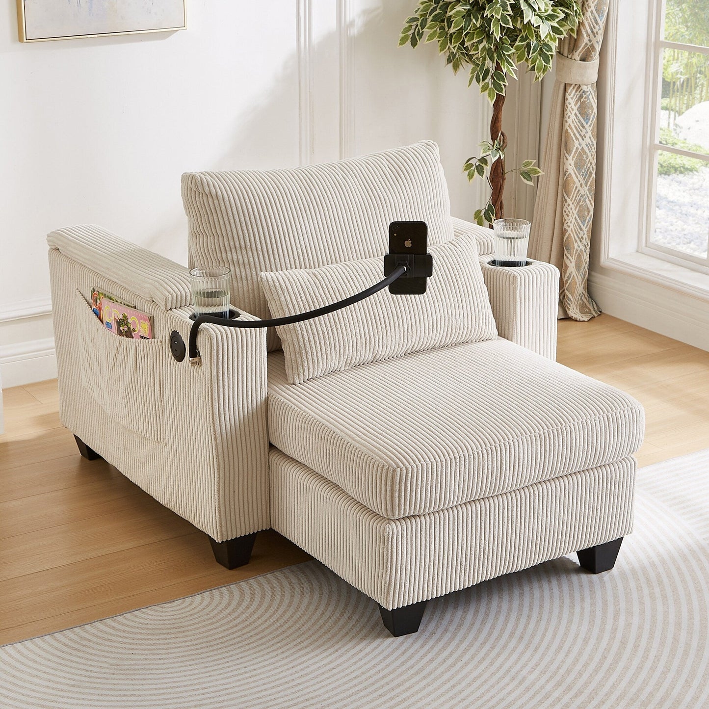 Divano letto trasformabile in chaise longue da 37,4 pollici, in velluto a coste, con porte USB e due portabicchieri.