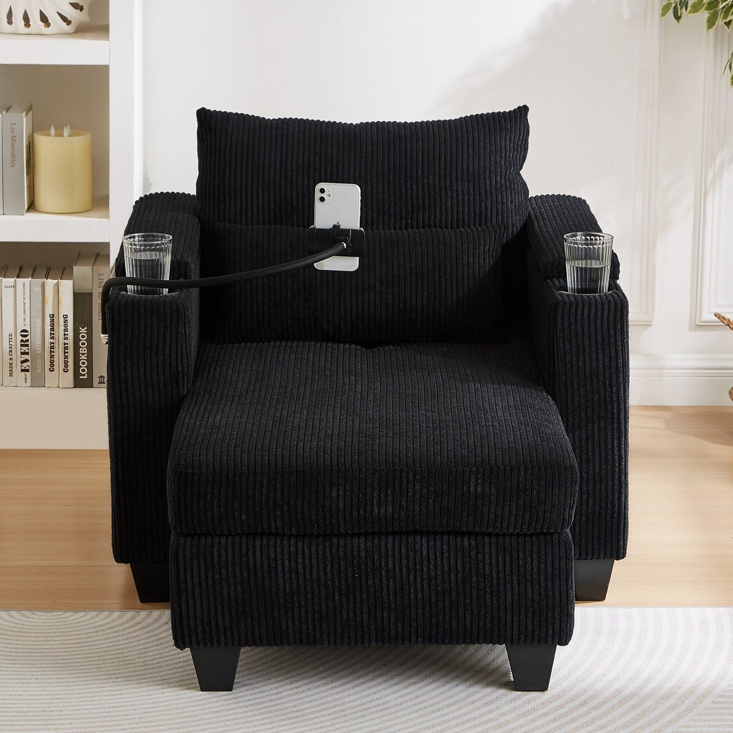 Divano letto trasformabile in chaise longue da 37,4 pollici, in velluto a coste, con porte USB e due portabicchieri.