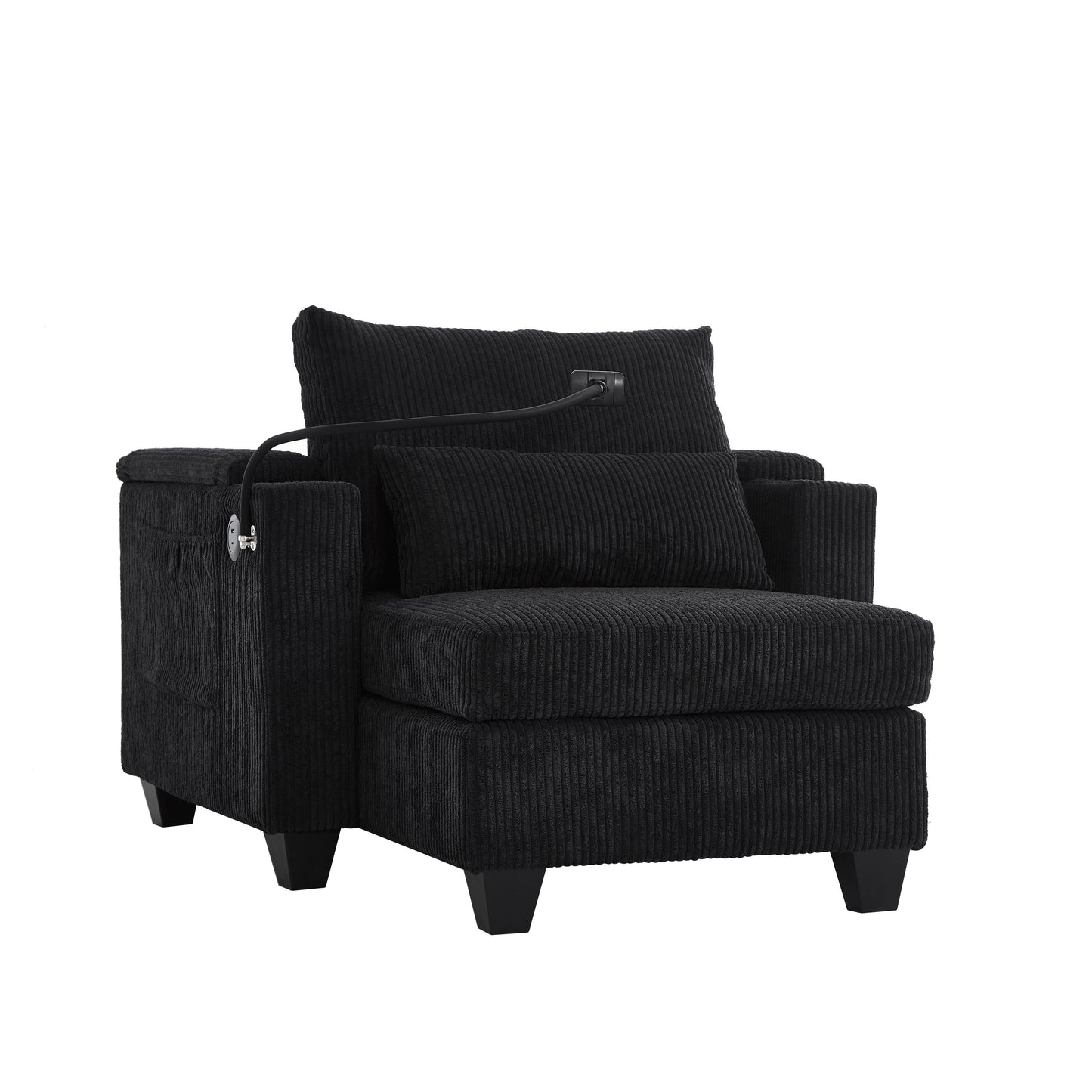 Divano letto trasformabile in chaise longue da 37,4 pollici, in velluto a coste, con porte USB e due portabicchieri.