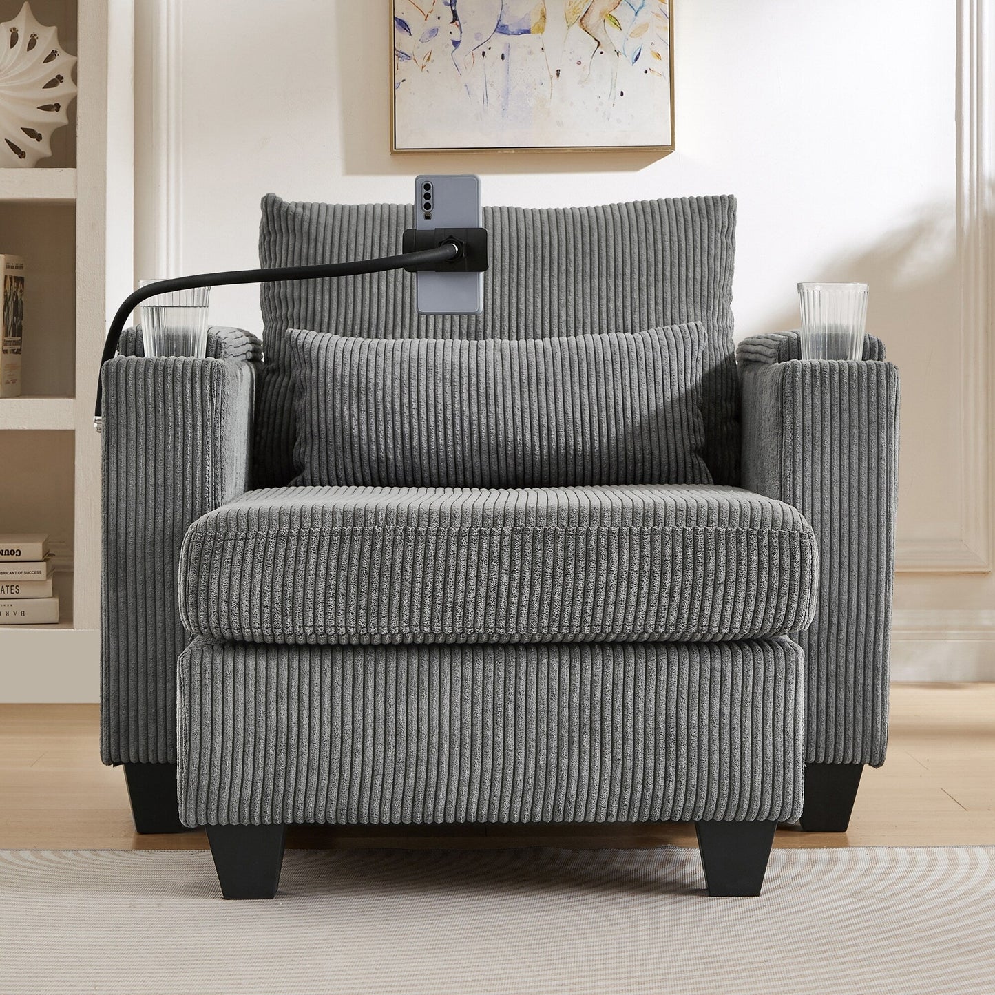 Divano letto trasformabile in chaise longue da 37,4 pollici, in velluto a coste, con porte USB e due portabicchieri.