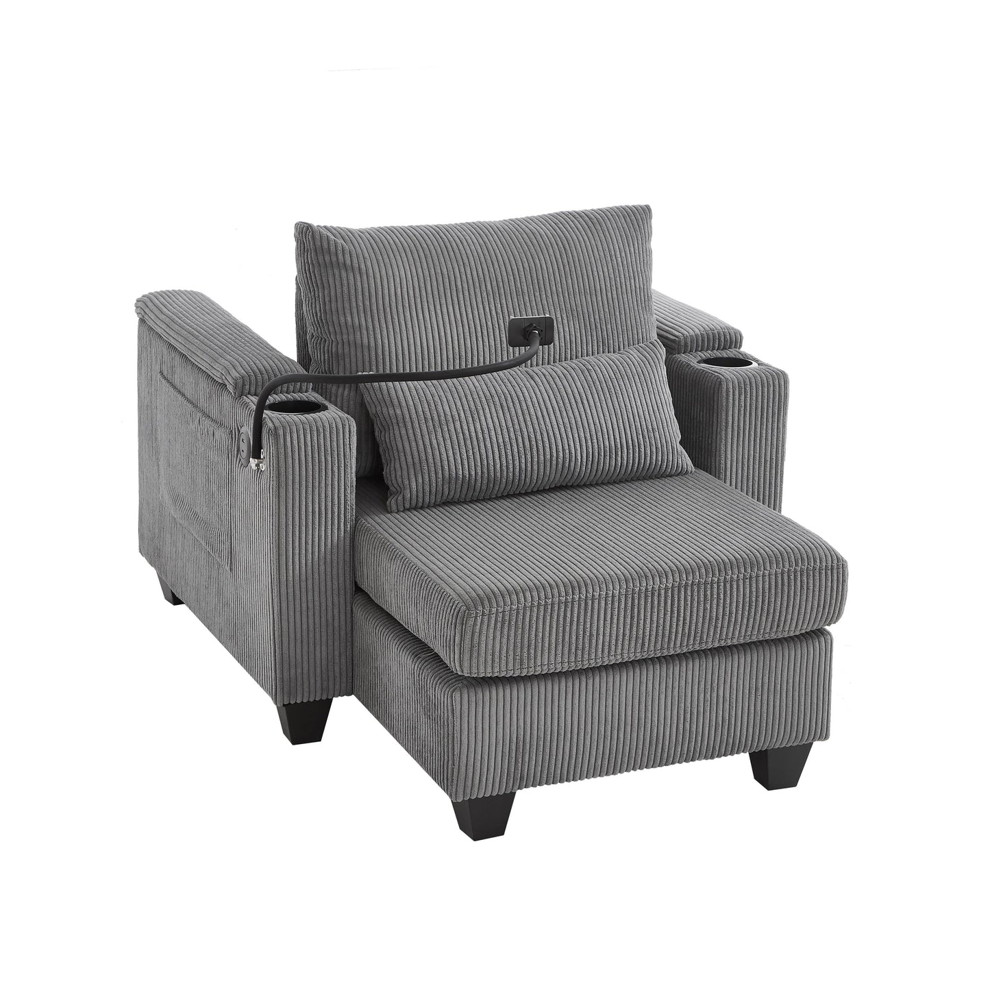 Divano letto trasformabile in chaise longue da 37,4 pollici, in velluto a coste, con porte USB e due portabicchieri.