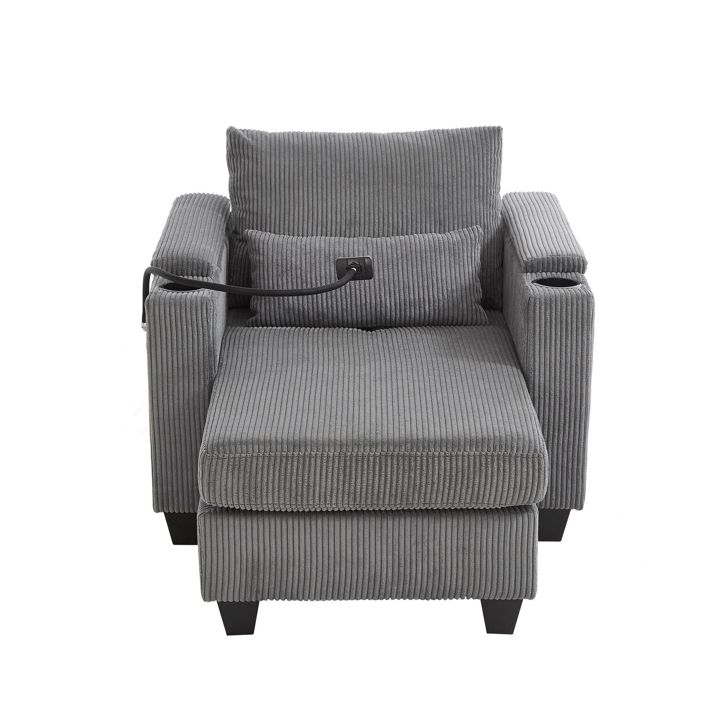 Divano letto trasformabile in chaise longue da 37,4 pollici, in velluto a coste, con porte USB e due portabicchieri.