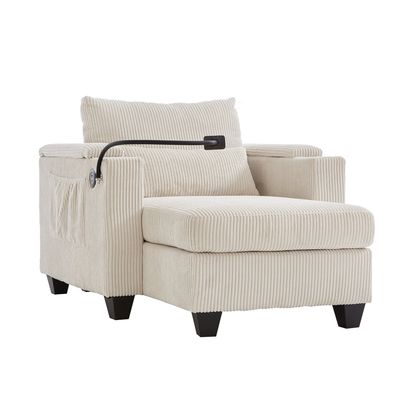 Divano letto trasformabile in chaise longue da 37,4 pollici, in velluto a coste, con porte USB e due portabicchieri.