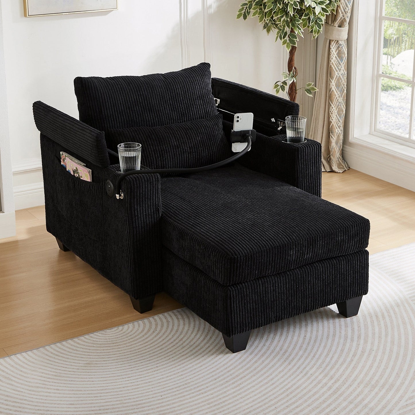 Divano letto trasformabile in chaise longue da 37,4 pollici, in velluto a coste, con porte USB e due portabicchieri.