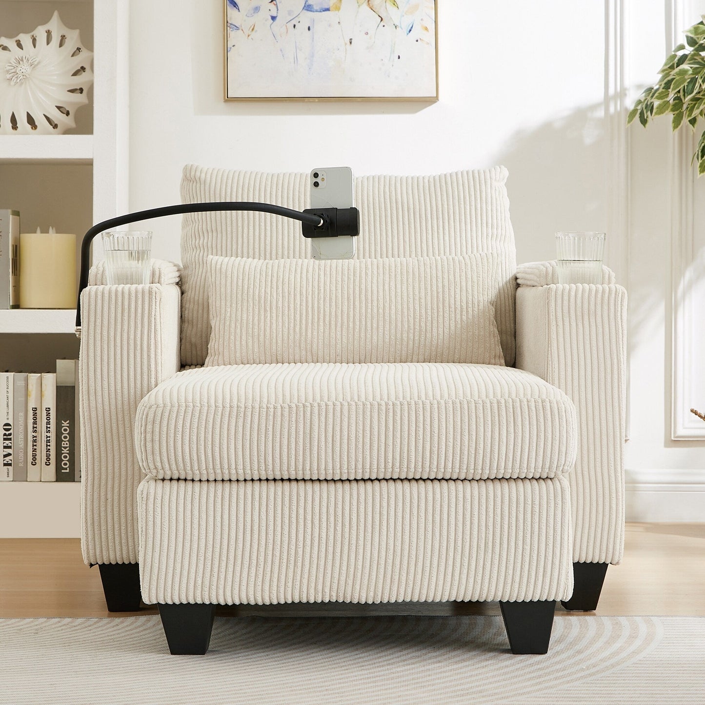 Divano letto trasformabile in chaise longue da 37,4 pollici, in velluto a coste, con porte USB e due portabicchieri.