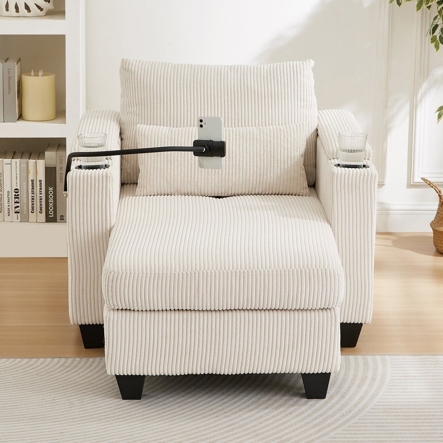 Divano letto trasformabile in chaise longue da 37,4 pollici, in velluto a coste, con porte USB e due portabicchieri.