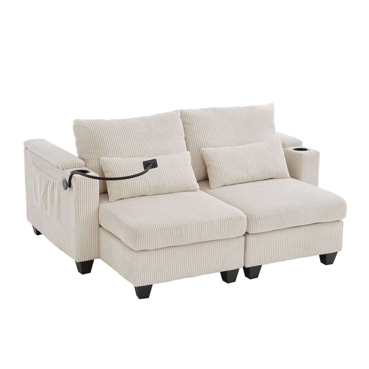 Divano letto trasformabile in chaise longue da 63 posti, divano letto in velluto a coste con porte USB e due portabicchieri