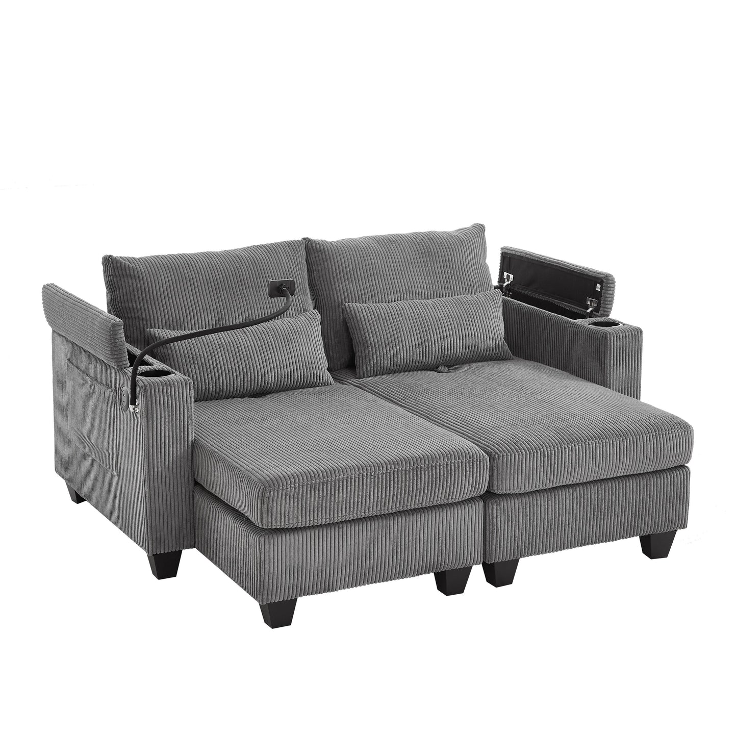 Divano letto trasformabile in chaise longue da 63 posti, divano letto in velluto a coste con porte USB e due portabicchieri