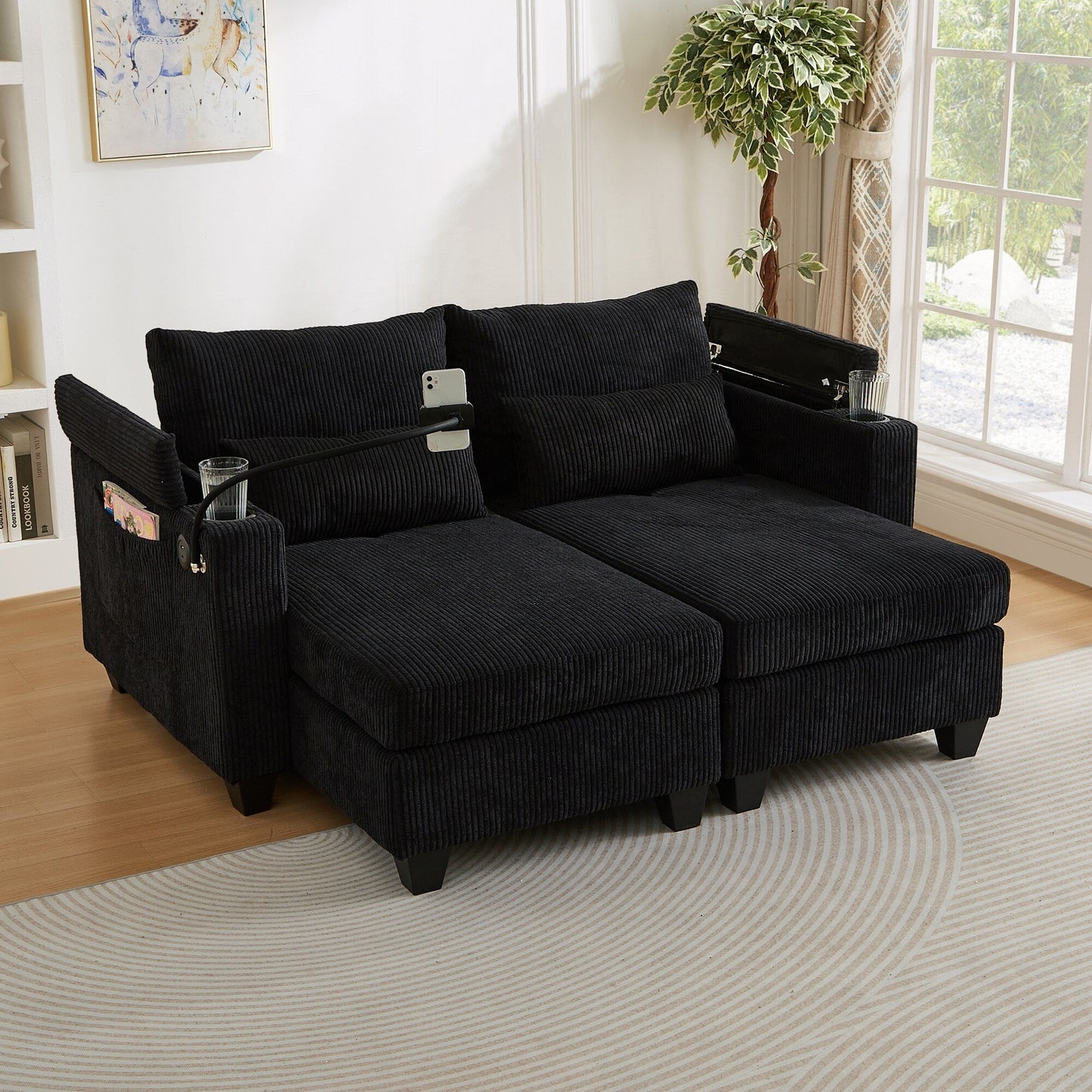 Divano letto trasformabile in chaise longue da 63 posti, divano letto in velluto a coste con porte USB e due portabicchieri