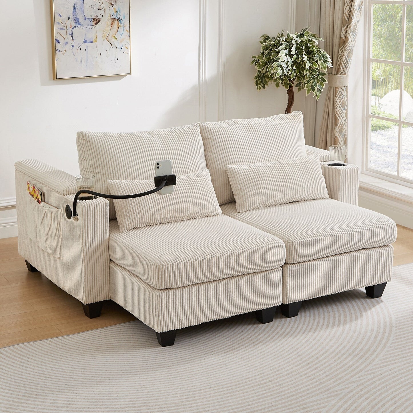 Divano letto trasformabile in chaise longue da 63 posti, divano letto in velluto a coste con porte USB e due portabicchieri
