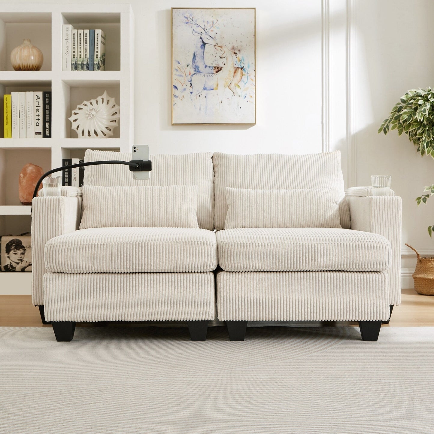 Divano letto trasformabile in chaise longue da 63 posti, divano letto in velluto a coste con porte USB e due portabicchieri
