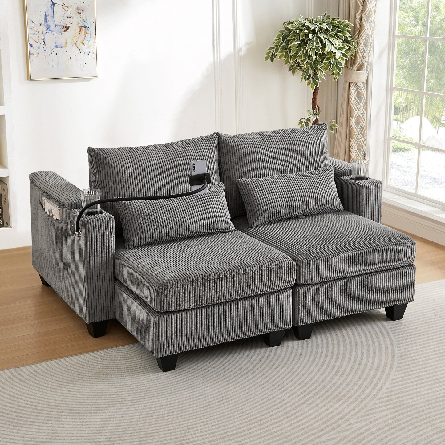Divano letto trasformabile in chaise longue da 63 posti, divano letto in velluto a coste con porte USB e due portabicchieri