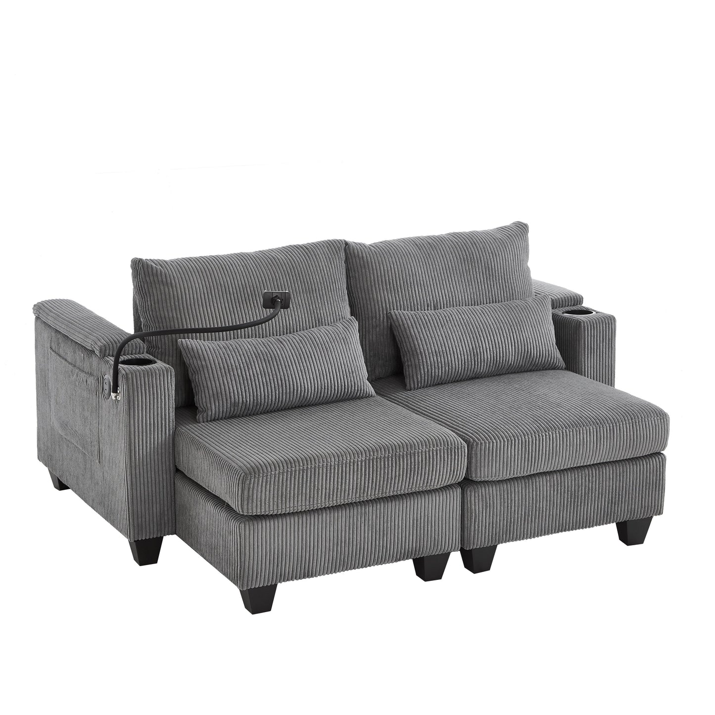 Divano letto trasformabile in chaise longue da 63 posti, divano letto in velluto a coste con porte USB e due portabicchieri
