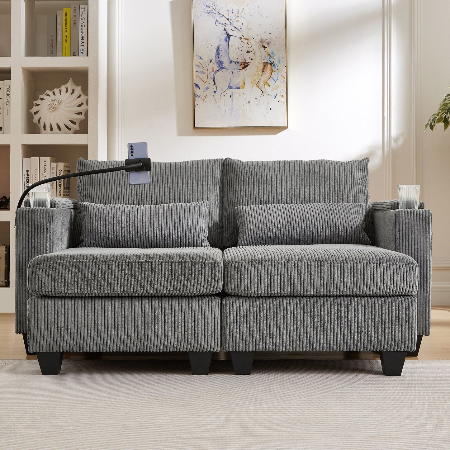 Divano letto trasformabile in chaise longue da 63 posti, divano letto in velluto a coste con porte USB e due portabicchieri