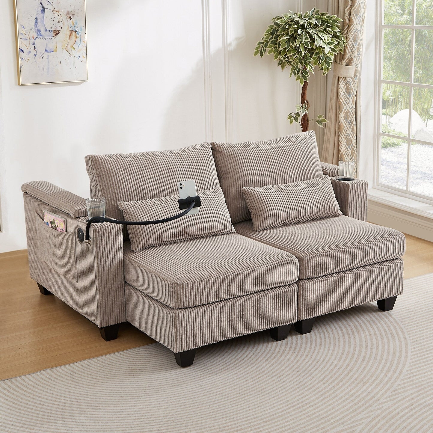 Divano letto trasformabile in chaise longue da 63 posti, divano letto in velluto a coste con porte USB e due portabicchieri