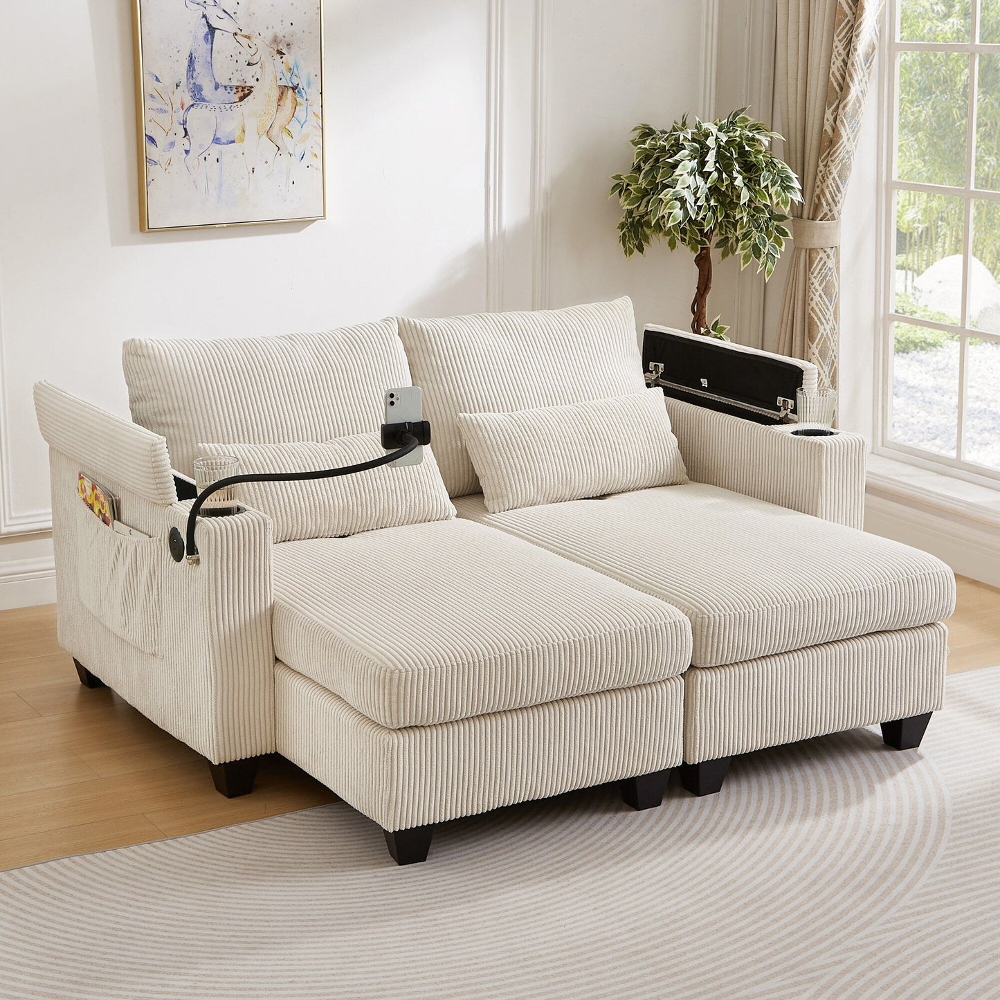 Divano letto trasformabile in chaise longue da 63 posti, divano letto in velluto a coste con porte USB e due portabicchieri