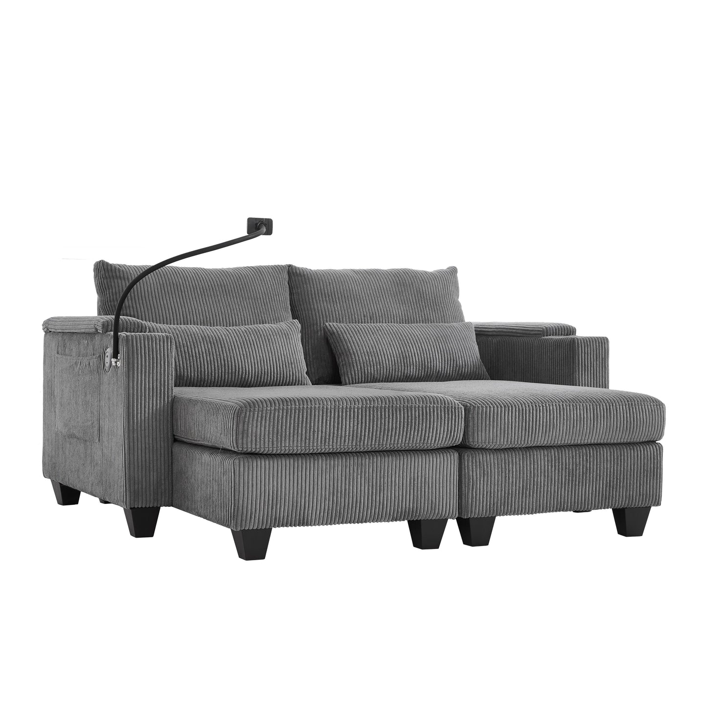 Divano letto trasformabile in chaise longue da 63 posti, divano letto in velluto a coste con porte USB e due portabicchieri
