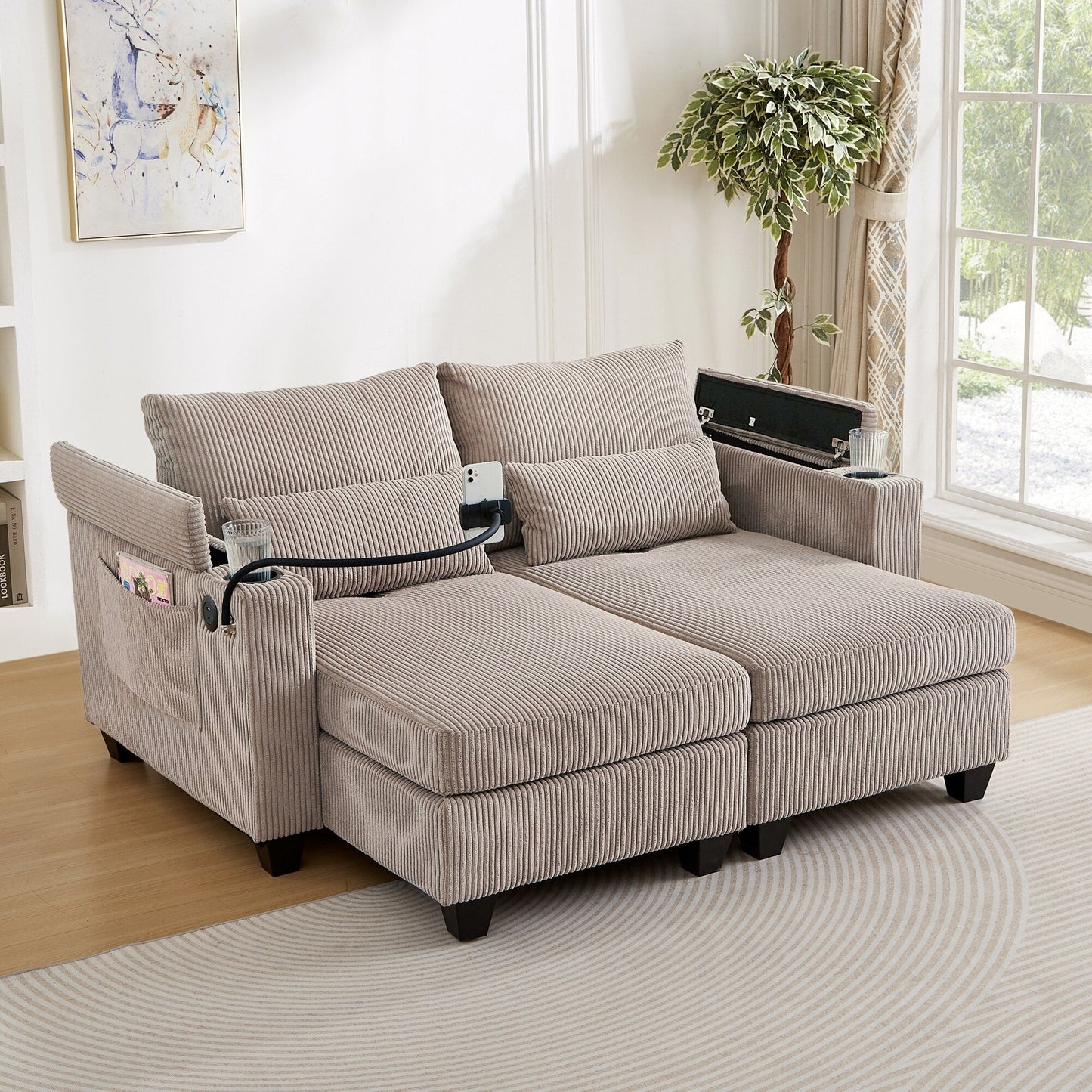 Divano letto trasformabile in chaise longue da 63 posti, divano letto in velluto a coste con porte USB e due portabicchieri